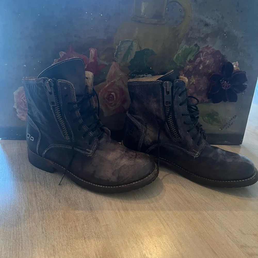 Bed Stu Distressed Black Leather Combat Boots - Picture 3 of 8